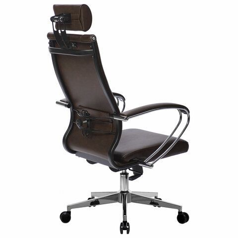 Кресло офисное МЕТТА &quot;К-32&quot; хром, экокожа, подголовник, сиденье и спинка мягкие, темно-коричневое
