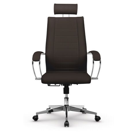 Кресло офисное МЕТТА &quot;К-32&quot; хром, экокожа, подголовник, сиденье и спинка мягкие, темно-коричневое