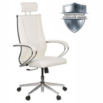 Кресло офисное МЕТТА "К-34" хром, экокожа, подголовник, сиденье и спинка мягкие, белое