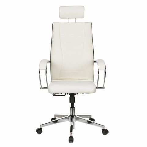 Кресло офисное МЕТТА &quot;К-34&quot; хром, экокожа, подголовник, сиденье и спинка мягкие, белое