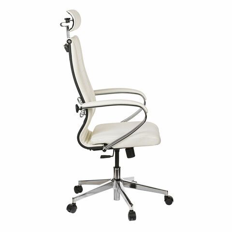 Кресло офисное МЕТТА &quot;К-34&quot; хром, экокожа, подголовник, сиденье и спинка мягкие, белое