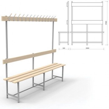 Скамья с вешалкой, спинкой "СВТ 6", 1765х2000х395 мм, 14 крючков, каркас металлический серый, сиденье дерево