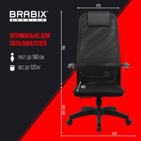 Кресло офисное BRABIX PREMIUM &quot;Ultimate EX-801&quot; пластик, плотная двойная сетка Х2, черное, 532922