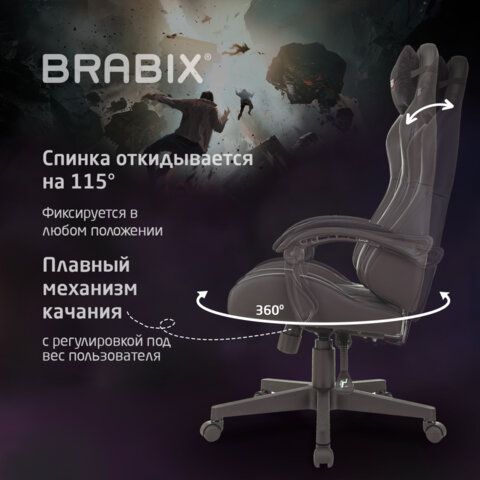 Кресло компьютерное BRABIX &quot;Striker GM-121&quot;, синхромеханизм, 2 подушки, экокожа/велюр, черное, 532962