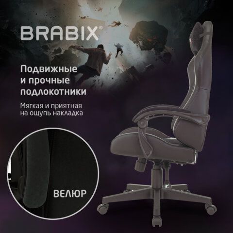 Кресло компьютерное BRABIX &quot;Striker GM-121&quot;, синхромеханизм, 2 подушки, экокожа/велюр, черное, 532962