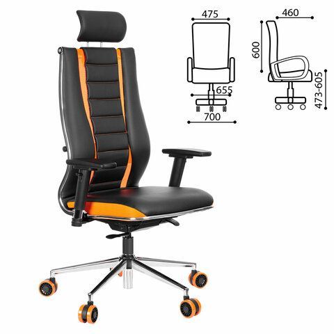 Кресло компьютерное МЕТТА &quot;ErgoLife&quot; 10 B2-160D, 2D-подголовник, экокожа/сетка, черное/оранжевое