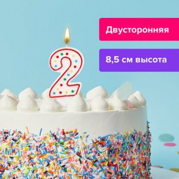 Свеча-цифра для торта "2" ДВУСТОРОННЯЯ с конфетти, 8,5 см, ЗОЛОТАЯ СКАЗКА 4 шт., держатель, блистер, 591395