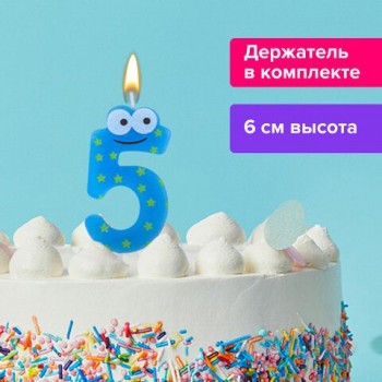 Свеча-цифра для торта "5" "С глазками", 6 см, ЗОЛОТАЯ СКАЗКА 3 шт., с держателем, в блистере, 591408