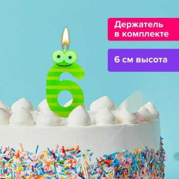 Свеча-цифра для торта "6" "С глазками", 6 см, ЗОЛОТАЯ СКАЗКА 3 шт., с держателем, в блистере, 591409