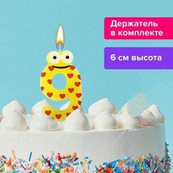 Свеча-цифра для торта "9" "С глазками", 6 см, ЗОЛОТАЯ СКАЗКА 3 шт., с держателем, в блистере, 591412