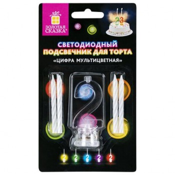 Цифра-подсвечник "2" светодиодная, ЗОЛОТАЯ СКАЗКА 2 шт., в наборе 4 свечи 6 см, 1 батарейка, 591425