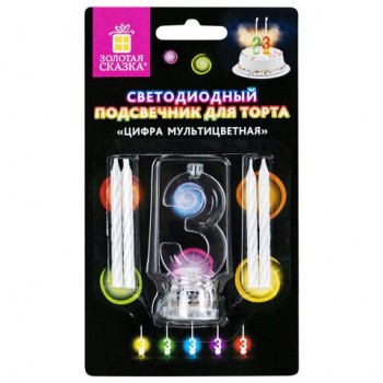 Цифра-подсвечник "3" светодиодная, ЗОЛОТАЯ СКАЗКА 2 шт., в наборе 4 свечи 6 см, 1 батарейка, 591426