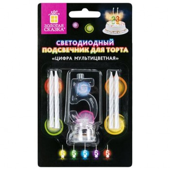 Цифра-подсвечник "5" светодиодная, ЗОЛОТАЯ СКАЗКА 2 шт., в наборе 4 свечи 6 см, 1 батарейка, 591428