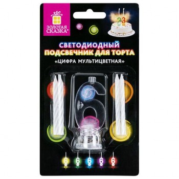 Цифра-подсвечник "6" светодиодная, ЗОЛОТАЯ СКАЗКА 2 шт., в наборе 4 свечи 6 см, 1 батарейка, 591429