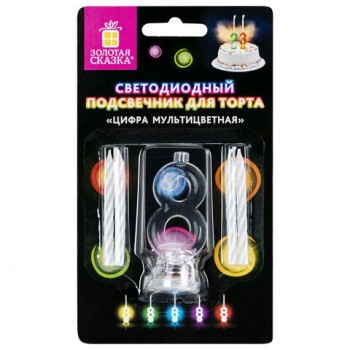 Цифра-подсвечник "8" светодиодная, ЗОЛОТАЯ СКАЗКА 2 шт., в наборе 4 свечи 6 см, 1 батарейка, 591431