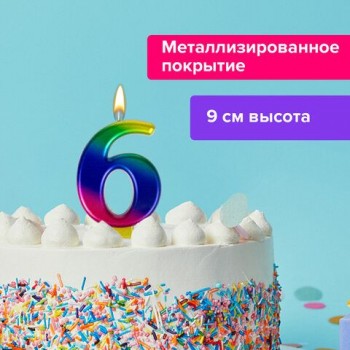 Свеча-цифра для торта "6" "Радужная", 9 см, ЗОЛОТАЯ СКАЗКА 2 шт., с держателем, в блистере, 591439