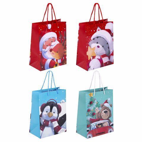 Пакет подарочный НАБОР 4 штуки, новогодний, 18х10х23 см, &quot;Christmas Animals&quot;, ЗОЛОТАЯ СКАЗКА, 591956