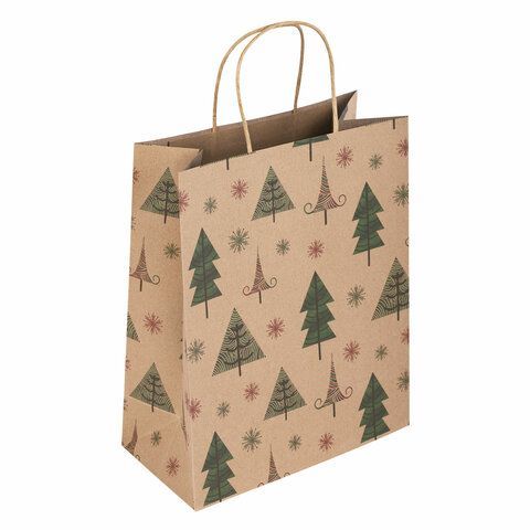 Пакет подарочный КОМПЛЕКТ 10 штук, новогодний, 26x13x32 см, &quot;Kraft Xmas Tree&quot;, ЗОЛОТАЯ СКАЗКА, 591959