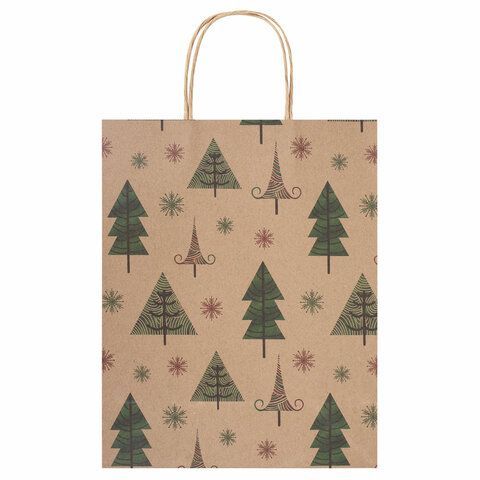 Пакет подарочный КОМПЛЕКТ 10 штук, новогодний, 26x13x32 см, &quot;Kraft Xmas Tree&quot;, ЗОЛОТАЯ СКАЗКА, 591959