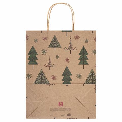 Пакет подарочный КОМПЛЕКТ 10 штук, новогодний, 26x13x32 см, &quot;Kraft Xmas Tree&quot;, ЗОЛОТАЯ СКАЗКА, 591959