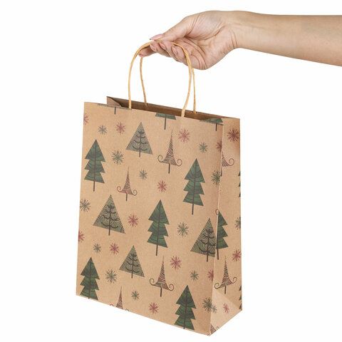 Пакет подарочный КОМПЛЕКТ 10 штук, новогодний, 26x13x32 см, &quot;Kraft Xmas Tree&quot;, ЗОЛОТАЯ СКАЗКА, 591959