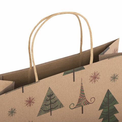Пакет подарочный КОМПЛЕКТ 10 штук, новогодний, 26x13x32 см, &quot;Kraft Xmas Tree&quot;, ЗОЛОТАЯ СКАЗКА, 591959