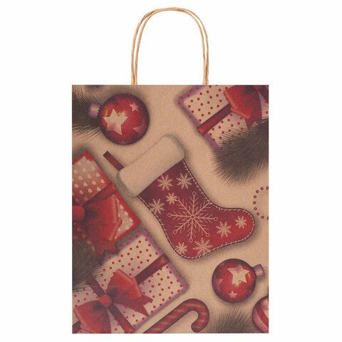 Пакет подарочный КОМПЛЕКТ 10 штук, новогодний, 26x13x32 см, &quot;Christmas Kraft&quot;, ЗОЛОТАЯ СКАЗКА, 591961