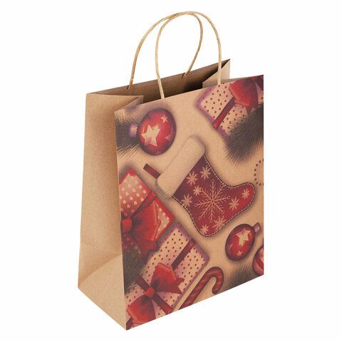 Пакет подарочный КОМПЛЕКТ 10 штук, новогодний, 26x13x32 см, &quot;Christmas Kraft&quot;, ЗОЛОТАЯ СКАЗКА, 591961