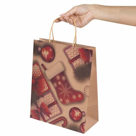 Пакет подарочный КОМПЛЕКТ 10 штук, новогодний, 26x13x32 см, &quot;Christmas Kraft&quot;, ЗОЛОТАЯ СКАЗКА, 591961