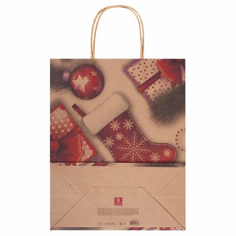 Пакет подарочный КОМПЛЕКТ 10 штук, новогодний, 26x13x32 см, &quot;Christmas Kraft&quot;, ЗОЛОТАЯ СКАЗКА, 591961