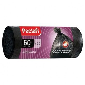 Мешки для мусора 60 л, черные, в рулоне 20 шт., ПНД, 7,4 мкм, 60х72 см, PACLAN 6 шт. "Standard"