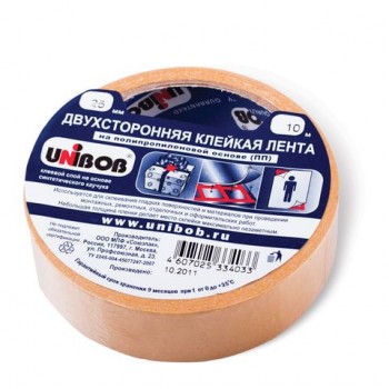 Клейкая двухсторонняя лента 25 мм х 10 м, ПОЛИПРОПИЛЕНОВАЯ ОСНОВА, UNIBOB 3 шт., 38915