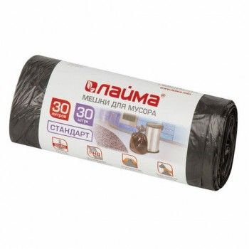 Мешки для мусора 30 л черные в рулоне 30 шт., ПНД 8 мкм, 50х60 см, LAIMA 5 шт. стандарт, 601377