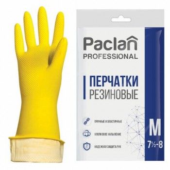 Перчатки хозяйственные латексные, х/б напыление, размер M (средний), желтые, PACLAN 4 шт. "Professional"
