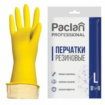 Перчатки хозяйственные латексные, х/б напыление, размер L (большой), желтые, PACLAN 4 шт. Professional