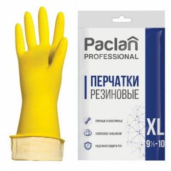Перчатки хозяйственные латексные, х/б напыление, размер XL (очень большой), желтые, PACLAN 4 шт. "Professional"