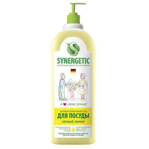 Гель для мытья посуды антибактериальный 1 л, SYNERGETIC &quot;Лимон&quot;, дозатор, 103101