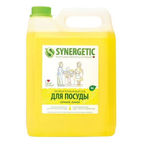 Гель для мытья посуды антибактериальный 5 л, SYNERGETIC &quot;Лимон&quot;, 103500