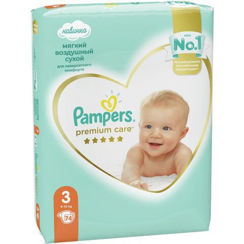 Подгузники КОМПЛЕКТ 74 шт. PAMPERS (Памперс) &quot;Premium Care&quot;, размер 3 (6-10 кг), 8001090604644