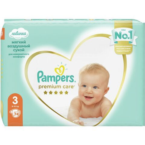 Подгузники КОМПЛЕКТ 74 шт. PAMPERS (Памперс) &quot;Premium Care&quot;, размер 3 (6-10 кг), 8001090604644