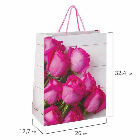 Пакет подарочный (1 штука) 26x13x32 см, ЗОЛОТАЯ СКАЗКА 12 шт. &quot;Розовые розы&quot;, ламинированный, 606582
