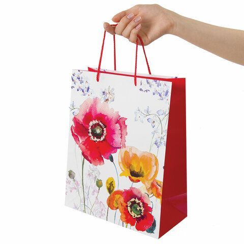 Пакет подарочный (1 штука) 26x13x32 см, ЗОЛОТАЯ СКАЗКА 12 шт. &quot;Красные и желтые маки&quot;, ламинированный, 606584