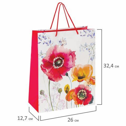 Пакет подарочный (1 штука) 26x13x32 см, ЗОЛОТАЯ СКАЗКА 12 шт. &quot;Красные и желтые маки&quot;, ламинированный, 606584