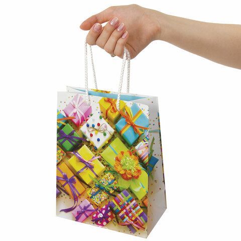 Пакет подарочный (1 штука) 18x10x23 см, ЗОЛОТАЯ СКАЗКА 12 шт. &quot;Яркие подарки&quot;, ламинированный, 606591