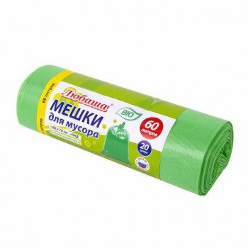 Мешки для мусора биоразлагаемые 60 л, зеленые, рулон 20 шт., ПНД 15 мкм, 60х70 см, ЛЮБАША 3 шт., 608099