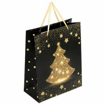 Пакет подарочный (1 штука) новогодний 26x13x32 см, ЗОЛОТАЯ СКАЗКА 12 шт. "Midnight Christmas Tree", глиттер, 608230