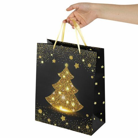 Пакет подарочный (1 штука) новогодний 26x13x32 см, ЗОЛОТАЯ СКАЗКА 12 шт. &quot;Midnight Christmas Tree&quot;, глиттер, 608230