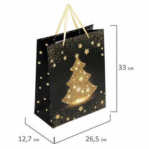 Пакет подарочный (1 штука) новогодний 26x13x32 см, ЗОЛОТАЯ СКАЗКА 12 шт. &quot;Midnight Christmas Tree&quot;, глиттер, 608230