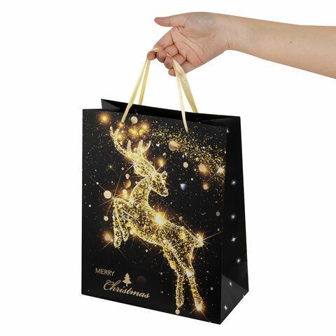 Пакет подарочный (1 штука) новогодний 26x13x32 см, ЗОЛОТАЯ СКАЗКА 12 шт. &quot;Midnight Deer&quot;, фольга, 608231