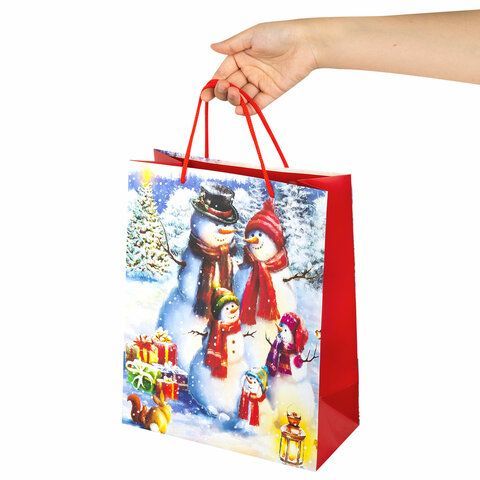 Пакет подарочный (1 штука) новогодний 26x13x32 см, ЗОЛОТАЯ СКАЗКА 12 шт. &quot;Snowman&quot;, глиттер, 608232